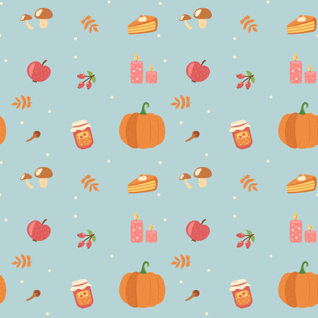 Seamless pattern on blue background, fall motifs. Cozy. Pumpkin, apple, rosehip, cinnamon, candles, jam, mushrooms, apple pieのイラスト素材