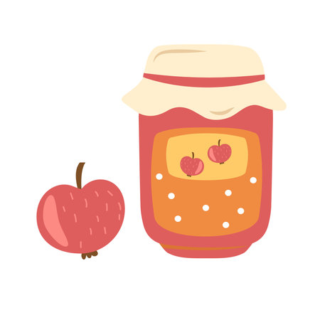 Jam jar and apple. Hand drawn vector illustration in cartoon style.のイラスト素材