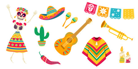 Cinco de mayo vector set. Mexican skull, sombrero, jalapeno pepper, Mexican hat, guitar cas, cactus, candle.のイラスト素材