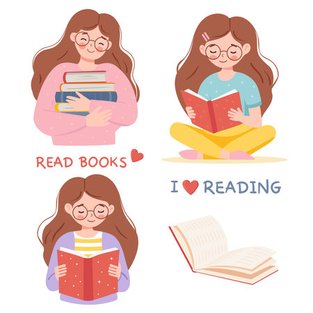 Vector illustration of a girl reading a book. Isolated objects on white background.のイラスト素材
