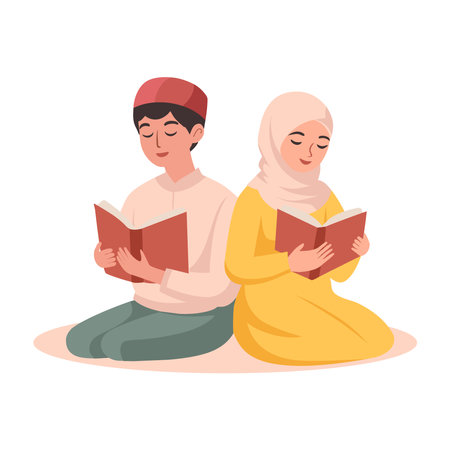 Muslim couple reading a book, Muslim man and woman sitting on the floor vector Illustrationのイラスト素材