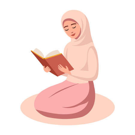 Muslim girl reading a book. Isolated on white background. Vector illustration.のイラスト素材