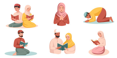 Set of Muslim people. Muslim women and Muslim men pray. They read the Koran. Ramadanのイラスト素材