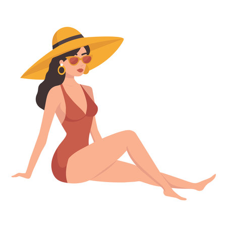 Beautiful woman in swimsuit and hat sitting on the beach. Vector illustrationのイラスト素材