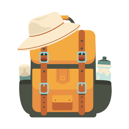 Tourist backpack with hat and flask. Vector illustration in flat styleのイラスト素材