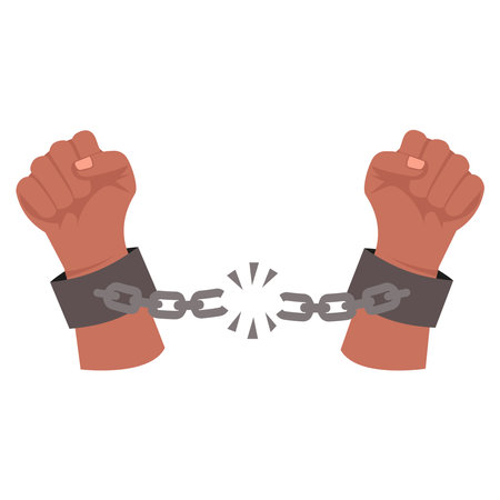 Vector Raising hands. Breaking steel shackles, chain. Get slave free. Concept of rescue, liberation, victory, fight, rebellion, protest. Sketch illustrationのイラスト素材