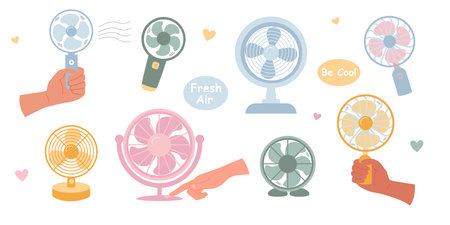 Set of table fan hand fan in flat style. Vector illustration. Fan in hand.のイラスト素材