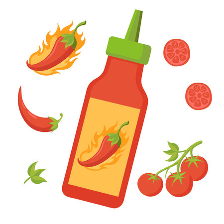 Sauce bottle with red hot chili pepper. Vector illustration.のイラスト素材