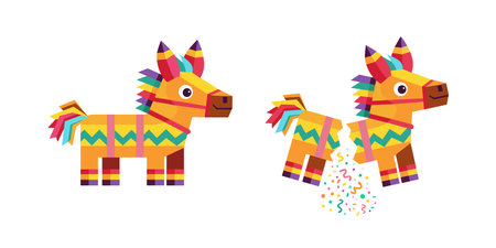 Cute colorful cartoon Pinata. Broken with confetti and candy. Birthday celebration vector illustration set.のイラスト素材