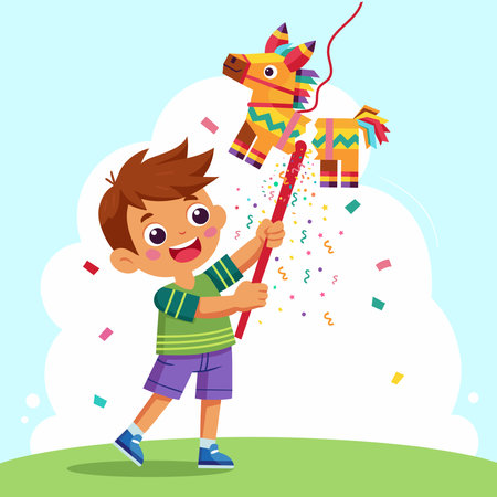 Boy celebrating Posada by breaking a traditional donkey shaped Pinata. Flat vector cartoon illustration isolated on white background.のイラスト素材