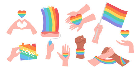 Set of different hands with lgbt flag. Vector illustration.のイラスト素材