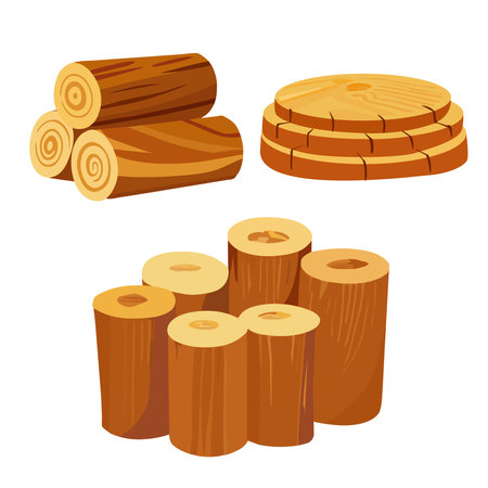 Set of wooden logs isolated on white background. Vector cartoon illustration.のイラスト素材