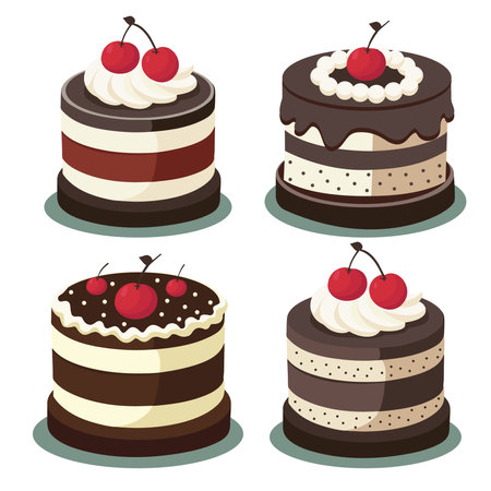Set of chocolate cakes with cherries on a white background. Vector illustrationのイラスト素材
