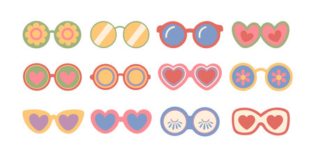 Set of sun glasses with hearts. Vector illustration in flat style.のイラスト素材
