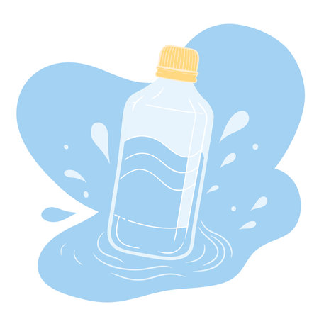 Illustration of a bottle of water on a white background with splashesのイラスト素材