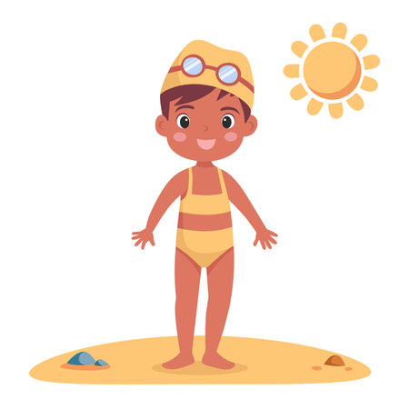 Cute little girl in swimsuit and cap on the beach vector illustrationのイラスト素材
