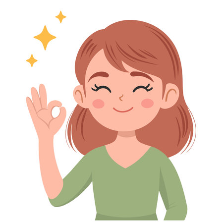 Young cute girl showing ok sign with fingers. Cute cartoon vector illustration.のイラスト素材