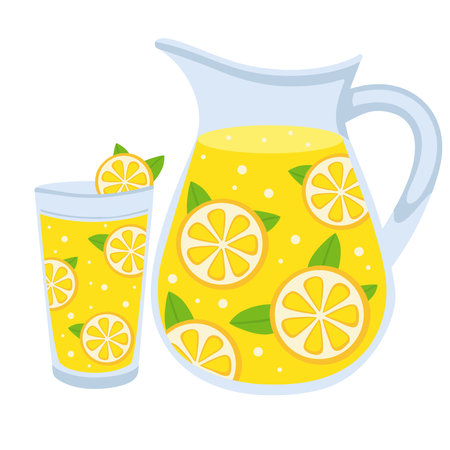 Lemonade in a jug and a glass. Lemon slice and mint leaves. Vector illustration isolated on a white background.のイラスト素材