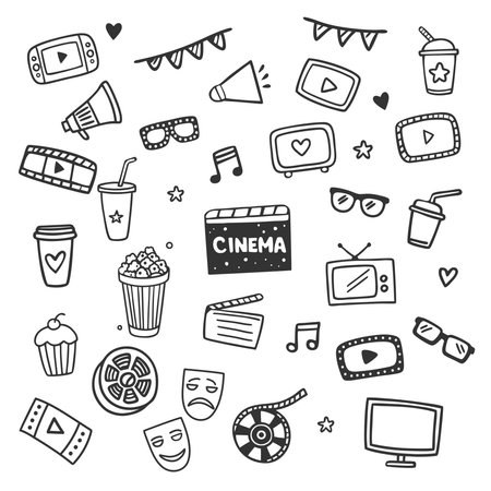 Cinema doodle icon set. Hand drawn vector illustrationのイラスト素材