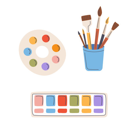 Painting tools. Watercolor palette, brushes, paints, palette. Vector illustrationのイラスト素材