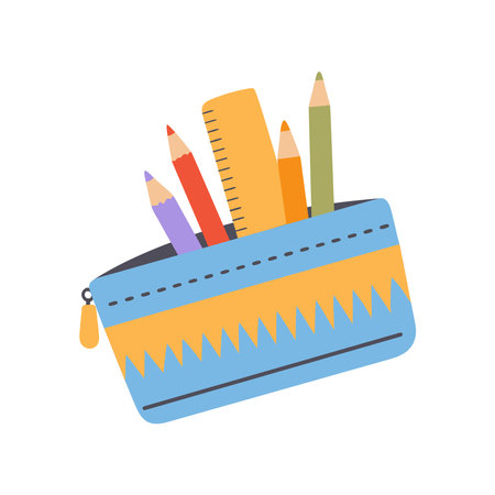 Pencil case with pencils and ruler. Vector illustration in flat styleのイラスト素材
