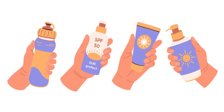 Set of hand holding sunscreen bottle. Sunscreen SPF cream bottles. Sun block and sun protection skin care. Vector illustration in flat style.のイラスト素材
