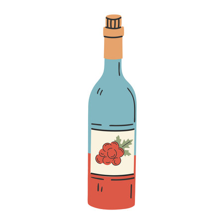 Wine bottle drink with leaves. Red wine in bottle and glass. Flat vector illustration isolated on white backgroundのイラスト素材