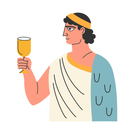 An ancient Greek with a glass of wine. A man holds a cup of wine. Vector illustration in a flat styleのイラスト素材