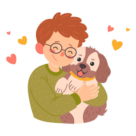 Vector illustration of a boy hugging a dog. Valentine's day concept.のイラスト素材