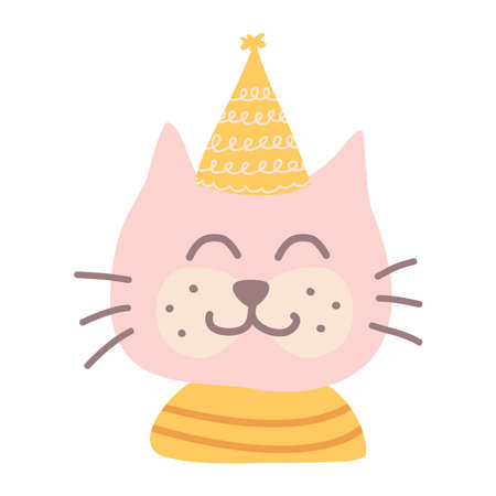 Cute kitten in a festive cap. Birthday card. Funny birthday party design. Vector illustration designのイラスト素材