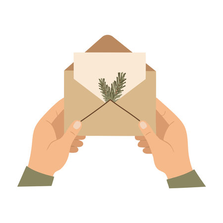 Hands holding letter. Envelope with greeting. Christmas mail, postcard, hand drawn vector illustration.のイラスト素材