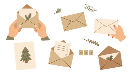 Set of vector illustrations of postal envelopes in hand. Christmas and New Year concept. Set of Christmas and New Year greeting cards, postcards and envelopes. Vector illustrationのイラスト素材
