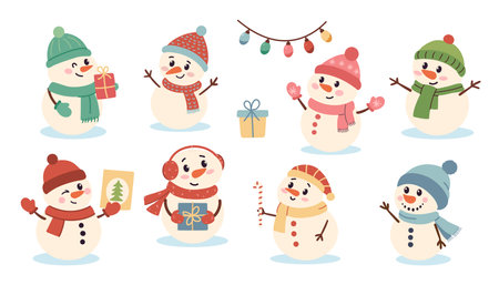 Set of cute snowman characters. Vector illustration in cartoon style.のイラスト素材