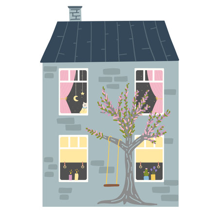 A house on a white background. Vector illustration of a house with a tree and a swing on the roof. Spring blooming treeのイラスト素材