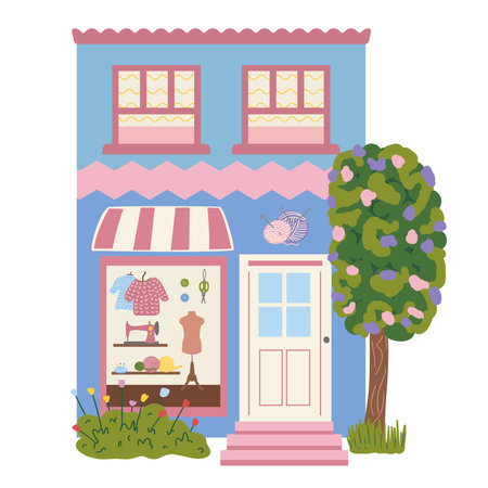 Needlework store, sewing store. Goods for sewing. Small cute store with items for needlework. Illustration on a white backgroundのイラスト素材