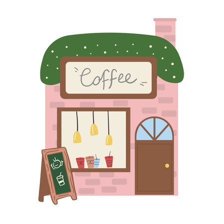 Coffee shop facade. Cute vector illustration in flat style.のイラスト素材