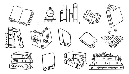 Books icon set. Hand drawn doodle illustration of books vector icons for web designのイラスト素材