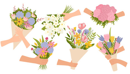 Bouquet of spring flowers in the hands. Vector illustration.のイラスト素材