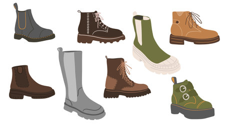 Vector illustration of a set of different types of boots and shoes. casual women footwear flat vector illustrations setのイラスト素材