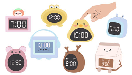 Vector flat illustration of a digital clock display. Illustration of alarm with digital number design. Cute illustration in a childish styleのイラスト素材