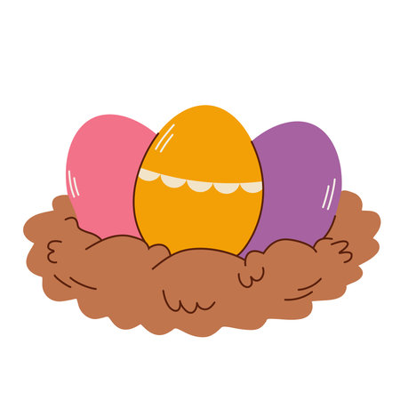 Nest with Easter eggs, isolated on white. Flat vector illustration in children's styleのイラスト素材