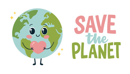 Save the planet. Hand drawn vector lettering with cute earth cartoon character. Earth day concept. Children's illustration in flat styleのイラスト素材