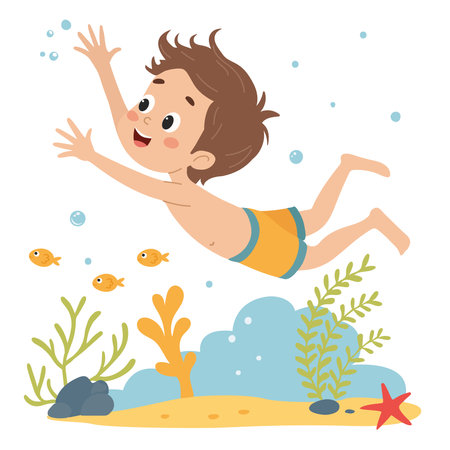 Cute little boy swimming in the sea. Vector cartoon illustration.のイラスト素材
