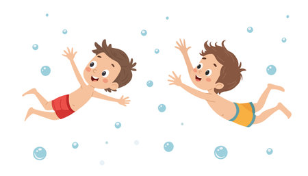 Cute Little Boys Swimming and Having Fun Children's flat vector illustration on white background.のイラスト素材