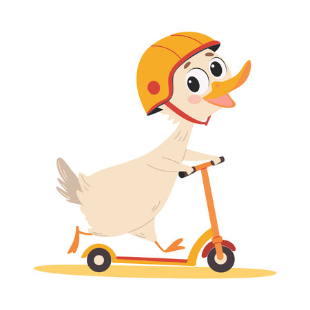 Cute cartoon duck riding a scooter vector Illustration isolated on a white backgroundのイラスト素材