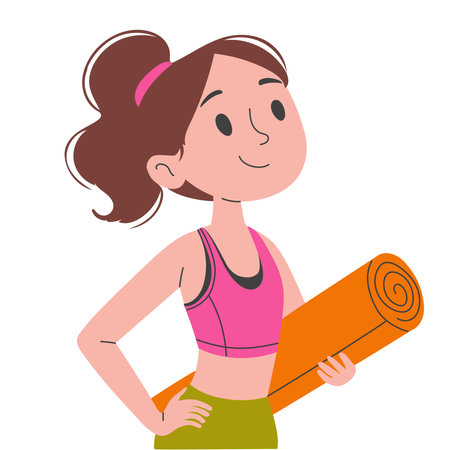 Cute sporty woman in sports uniform with yoga mat in hands. Fitness, sport. Vector illustration isolated on white background.のイラスト素材