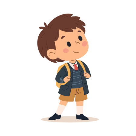 Cute little boy in school uniform, Cute little schoolboy with backpack, school kid vector Illustrationのイラスト素材