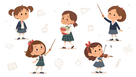 Cute schoolgirl character set. Vector illustration in cartoon style.のイラスト素材