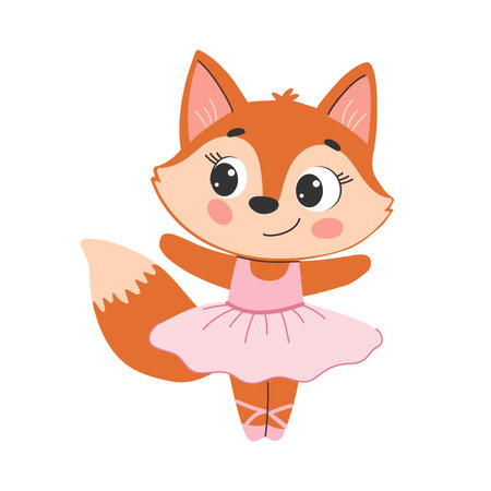 A cute animal is doing ballet. Cute little fox in a ballet tutu. Vector illustration.のイラスト素材