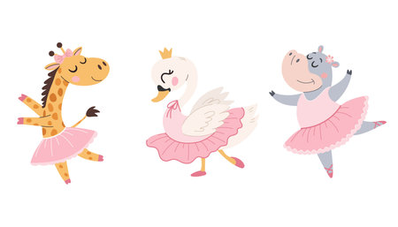 Cute Giraffe, Hippo, Swan and Giraffe in Ballet Dress Vector Setのイラスト素材